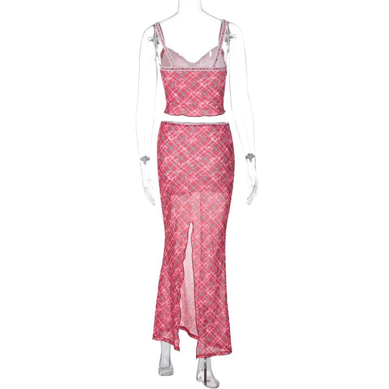 acelimosf™-Plaid contrast lace hem v neck slit cami maxi skirt set