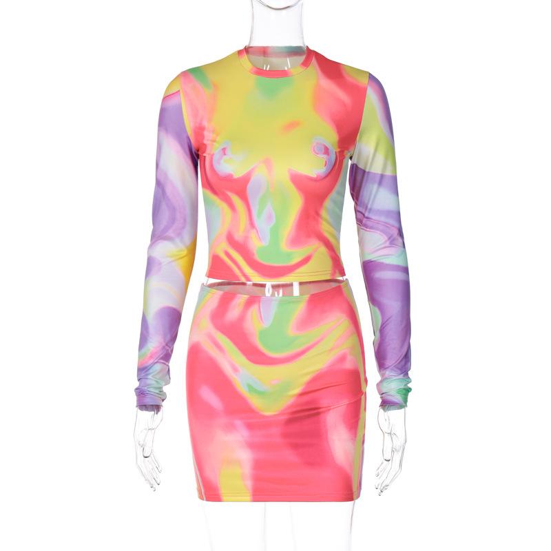 acelimosf™-Contrast print long sleeve crewneck mini skirt set