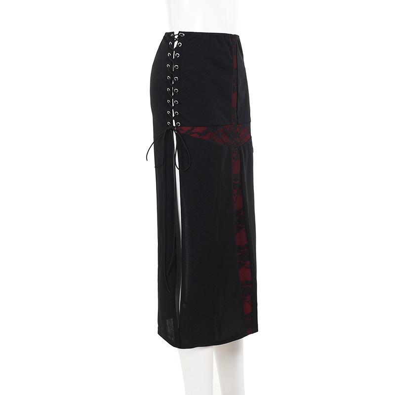 acelimosf™-Cross lace lace up high slit midi skirt