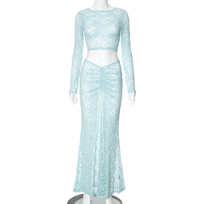 acelimosf™-Long sleeve lace see through crop maxi skirt set