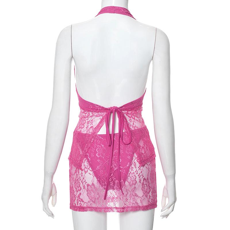 acelimosf™-Halter lace knotted lace up mini skirt set