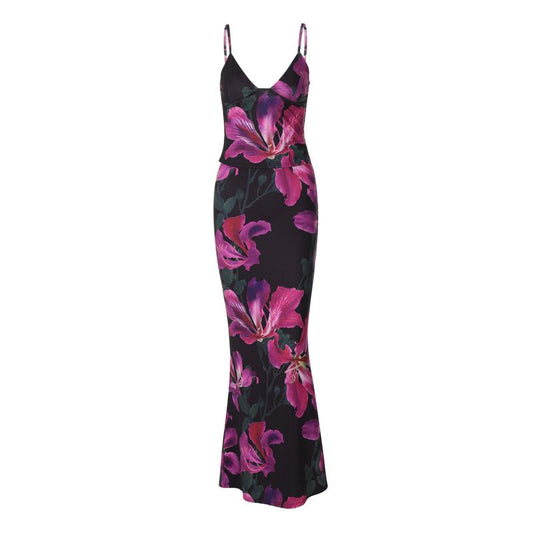 acelimosf™-Flower print v neck contrast cami maxi skirt set