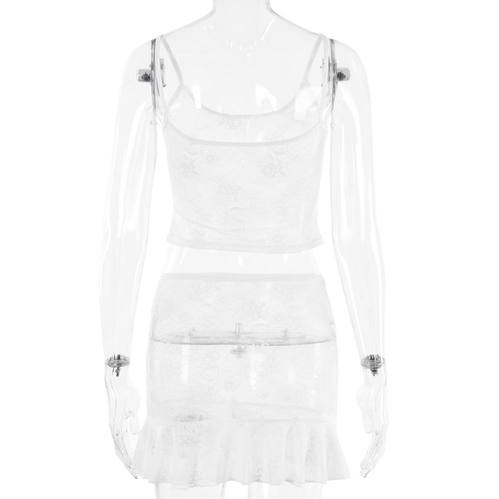 acelimosf™-U neck lace solid see through bowknot cami mini skirt set