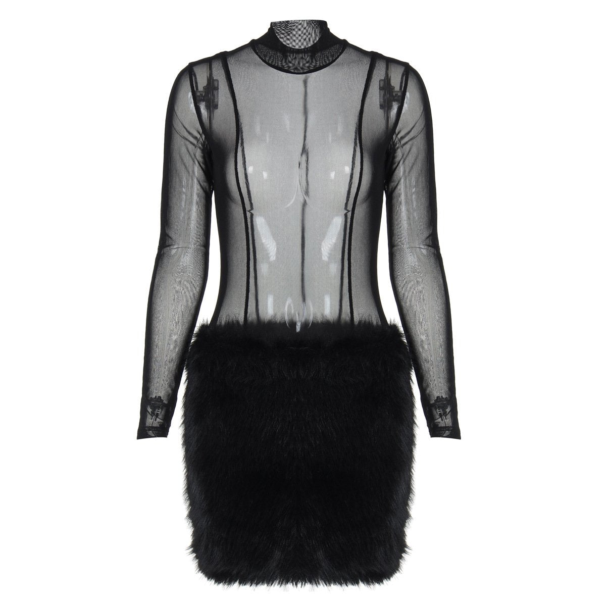 acelimosf™-Long sleeve high neck mesh fluffy mini skirt set