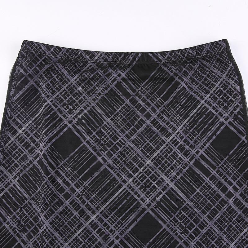 acelimosf™-Mesh plaid contrast high rise midi skirt grunge 90s Streetwear Disheveled Chic Fashion grunge 90s Streetwear Distressed Fashion