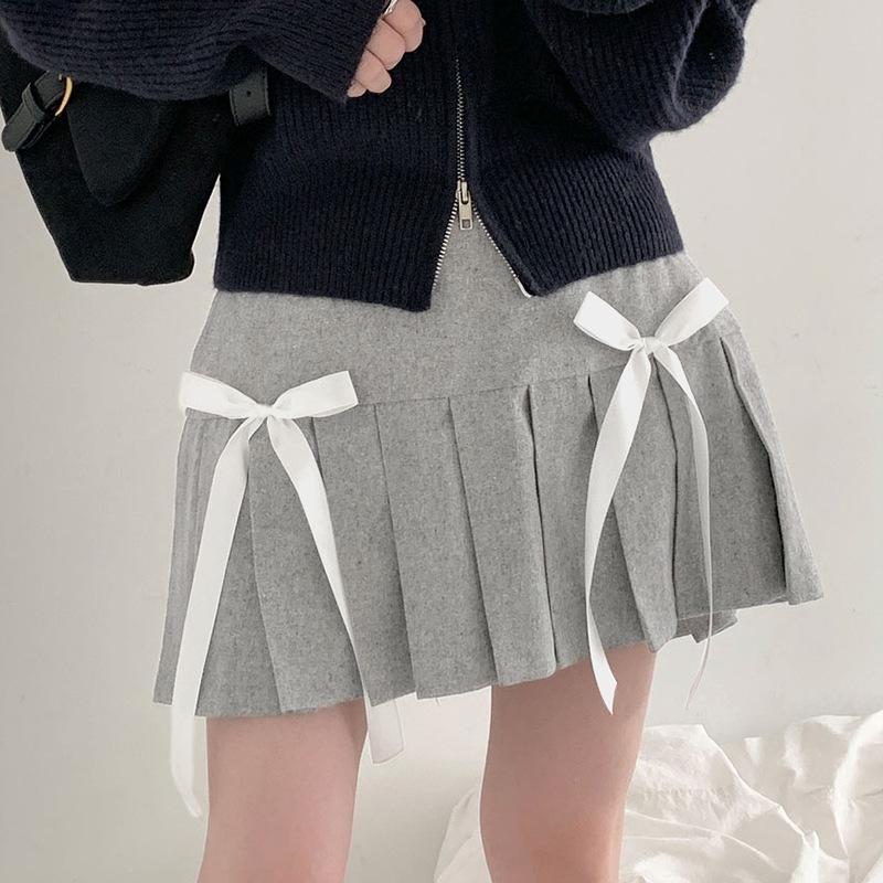 acelimosf™-Pleated bowknot contrast high rise A line mini skirt