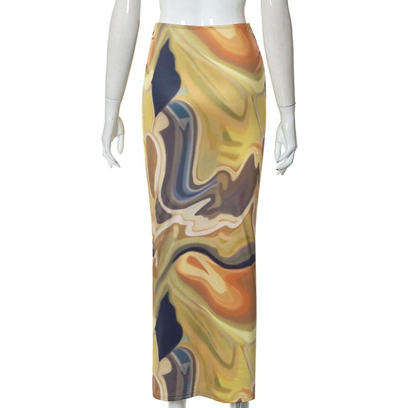 acelimosf™-Contrast ruched abstract print midi skirt cyberpunk Sci-Fi Fashion