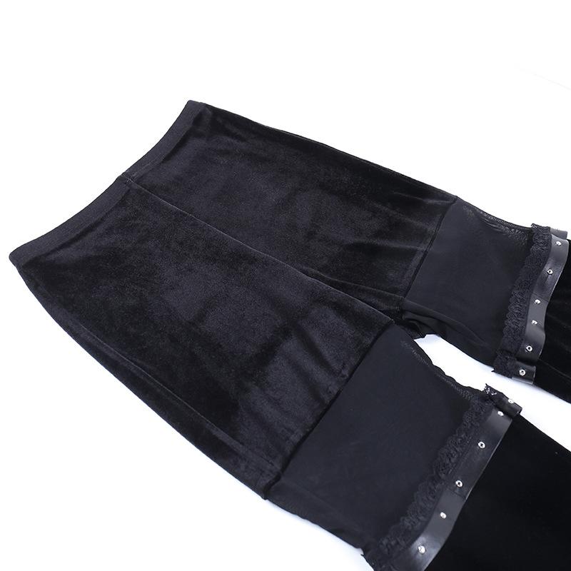 acelimosf™-Mesh patchwork solid lace hem velvet flared pant goth Alternative Darkwave Fashion goth Emo Darkwave Fashion