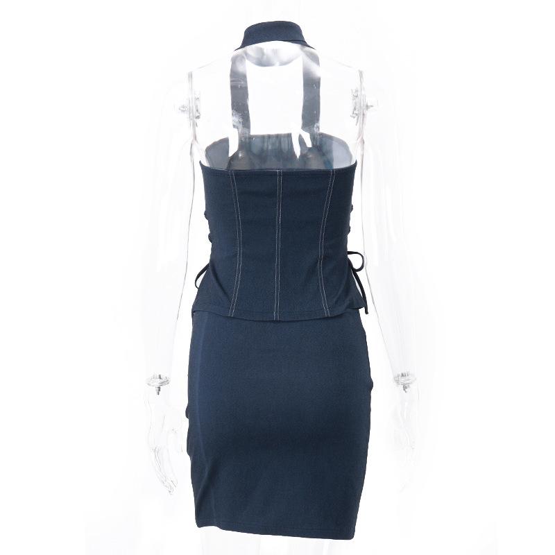 acelimosf™-Stitch denim lace up ruched backless A line tube mini skirt set