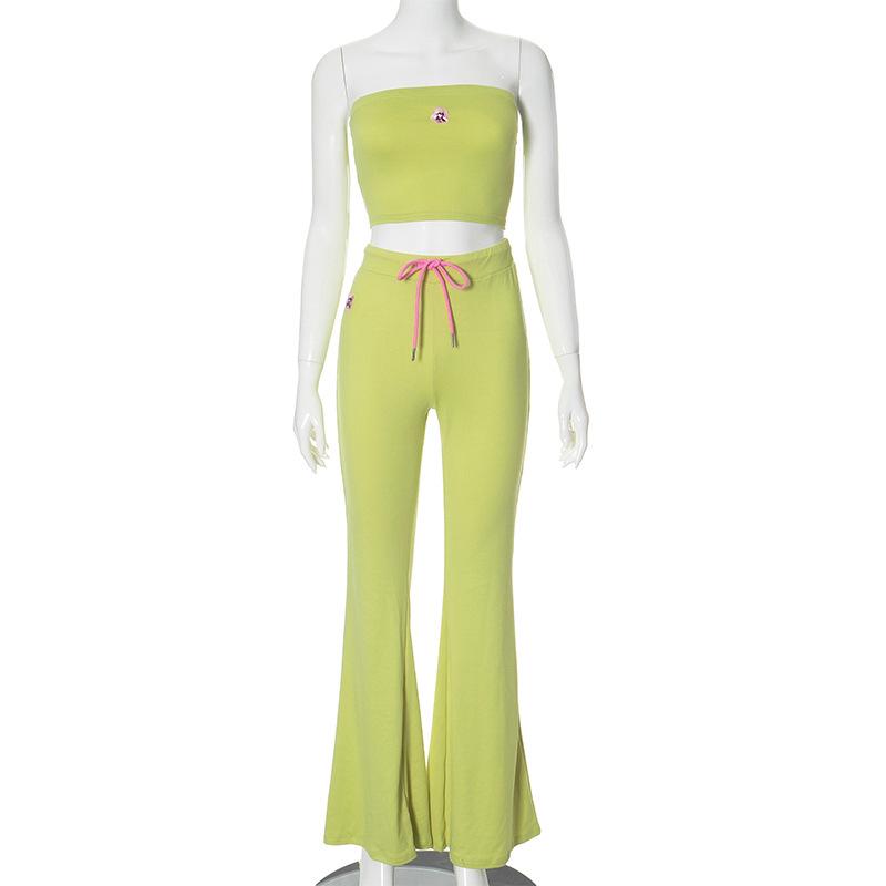 acelimosf™-Flower embroidery drawstring ruched tube pant set