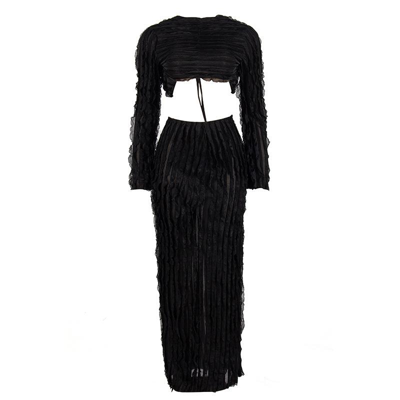 acelimosf™-Textured self tie solid backless ruffle maxi skirt set