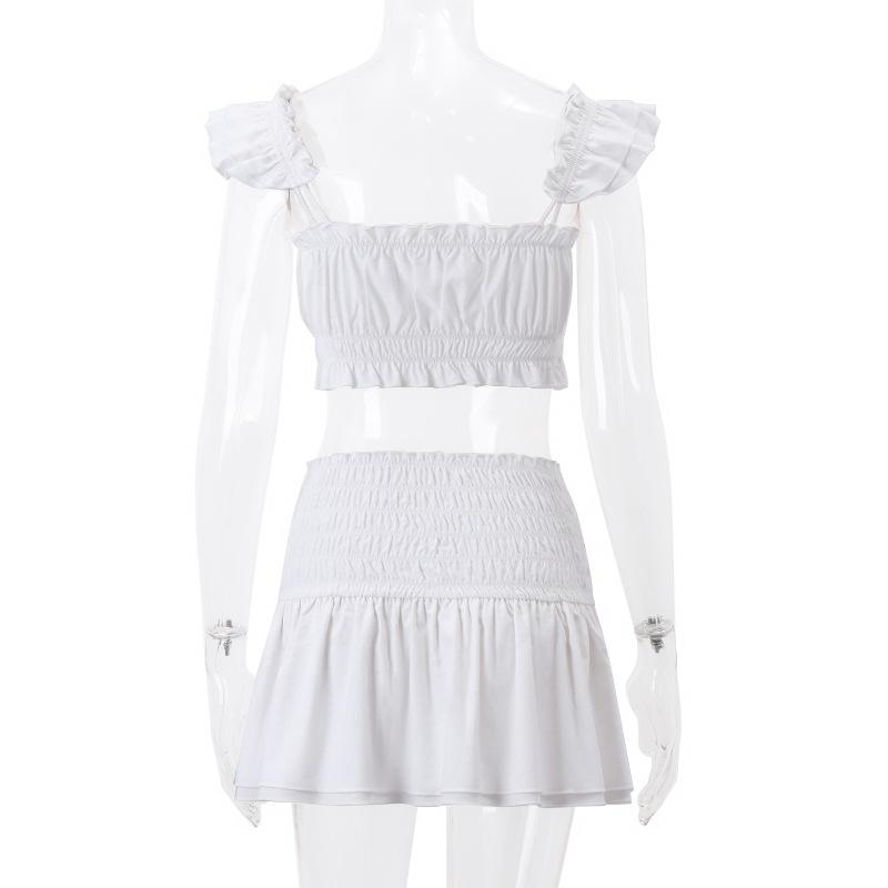 acelimosf™-Smocked solid cap sleeve ruffle button mini skirt set y2k 90s Revival Techno Fashion