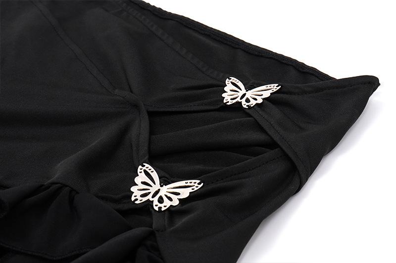 acelimosf™-Irregular hollow out ribbon butterfly applique solid ruffle mini skirt goth Emo Darkwave Fashion