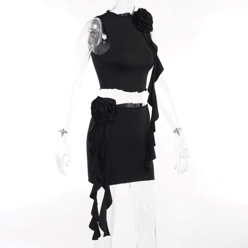 acelimosf™-Solid ruffle flower applique sleeveless mini skirt set