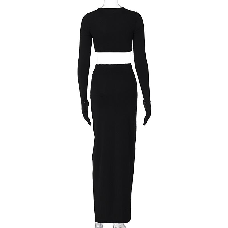 acelimosf™-Long sleeve crewneck gloves hollow out solid maxi skirt set