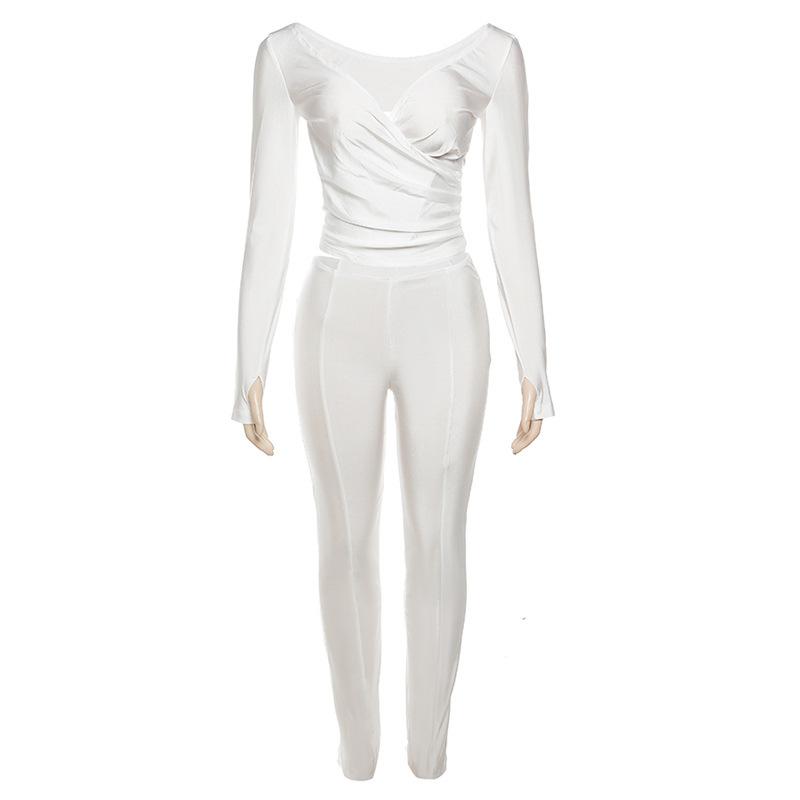 acelimosf™-Gloves solid v neck long sleeve ruched pant set