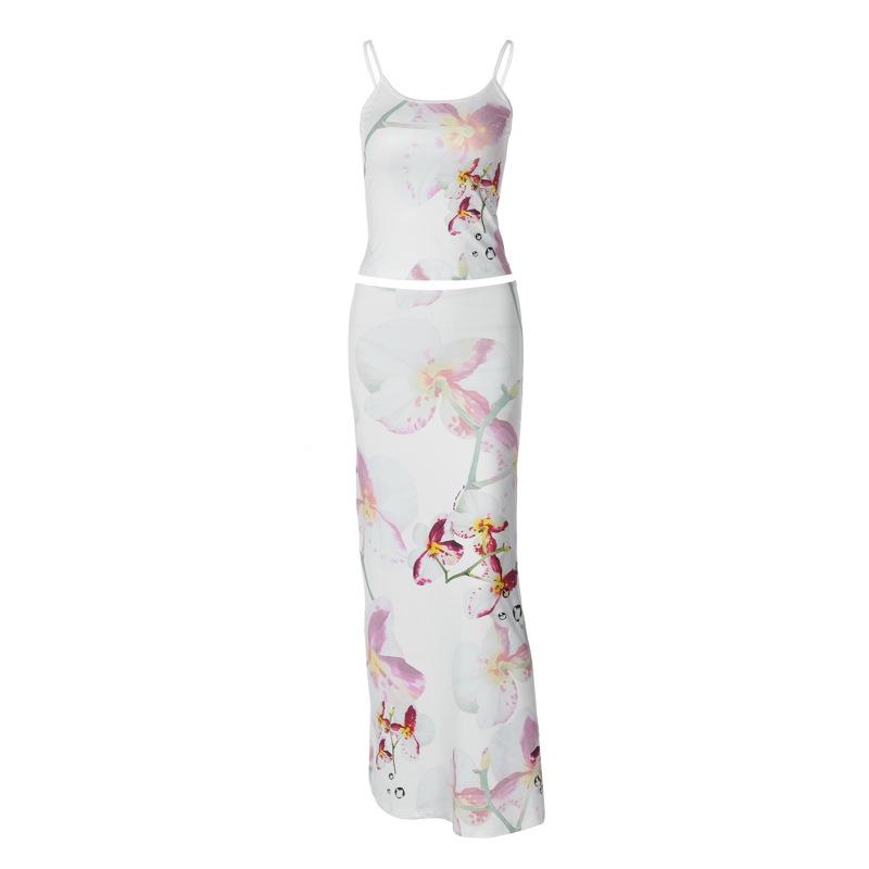 acelimosf™-Flower print u neck adjustable cami maxi skirt set