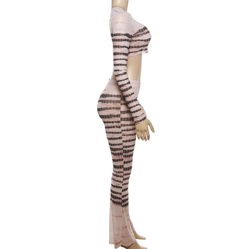 acelimosf™-Sheer mesh striped see through long sleeve contrast pant set