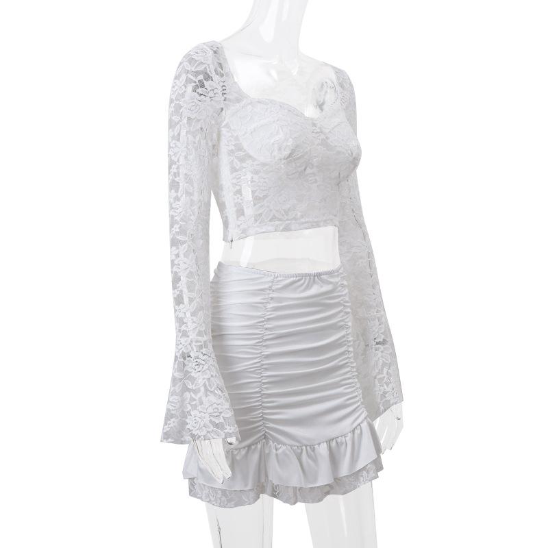 acelimosf™-Long flared sleeve sweetheart neck lace ruched ruffle mini skirt set