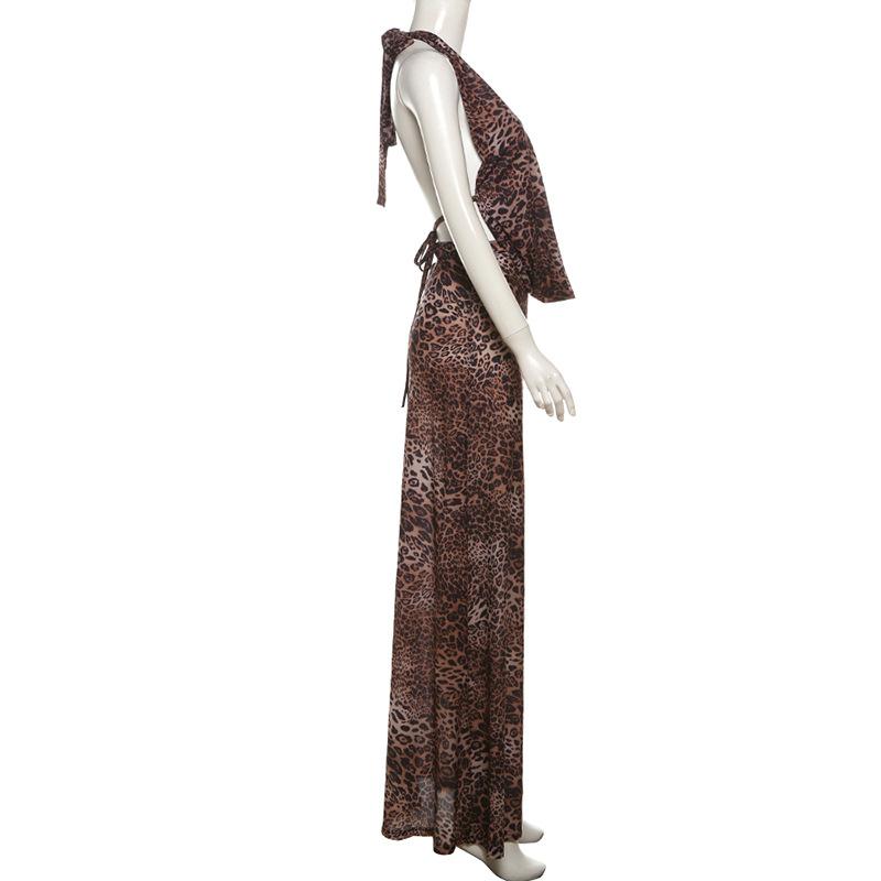 acelimosf™-Halter deep v neck leopard print maxi skirt set