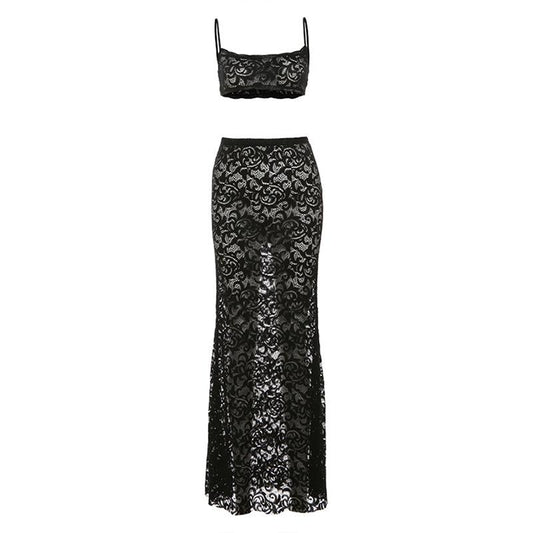 acelimosf™-Lace see through u neck backless cami maxi skirt set