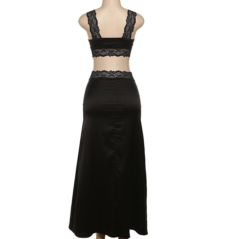 acelimosf™-Lace hem patchwork v neck solid tank maxi skirt set