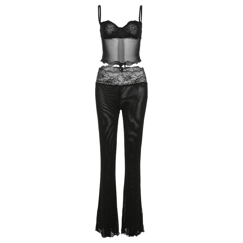 acelimosf™-Lace mesh ruffle sweetheart neck cami pant set