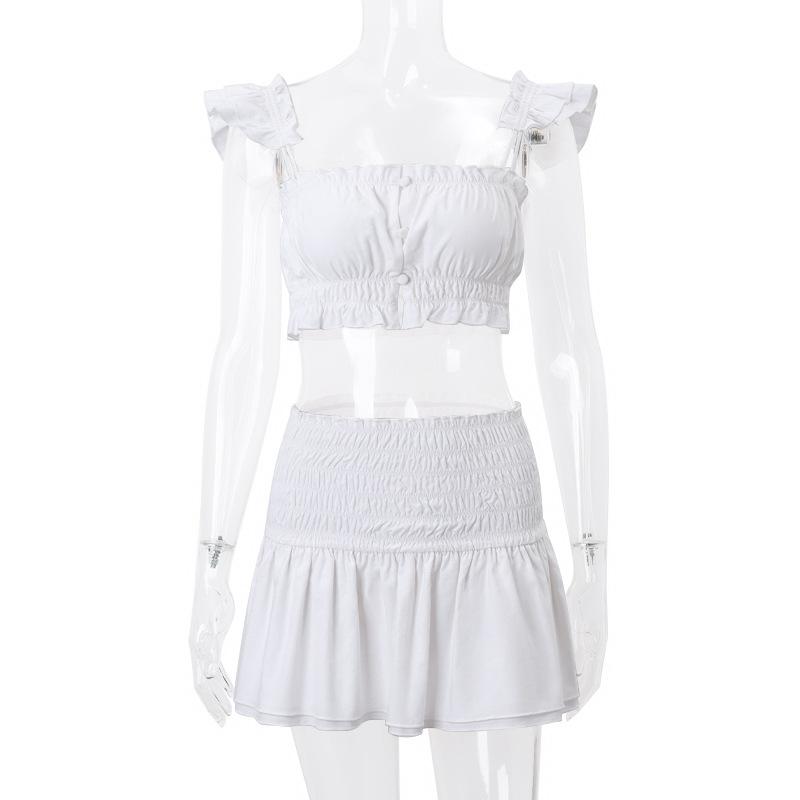 acelimosf™-Smocked solid cap sleeve ruffle button mini skirt set y2k 90s Revival Techno Fashion