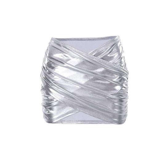 acelimosf™-Cross front ruched metallic low rise mini skirt