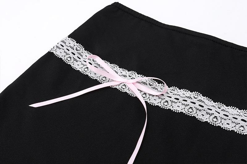 acelimosf™-Bowknot lace hem ribbon A line contrast mini skirt