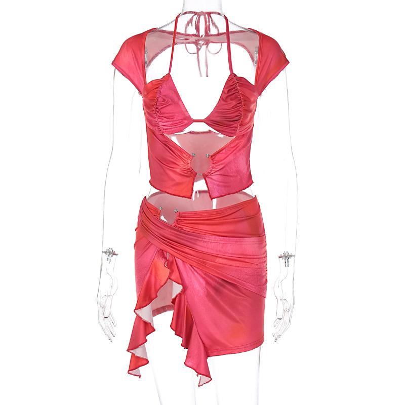 acelimosf™-Cap sleeve o ring ruffle ruched mini skirt set