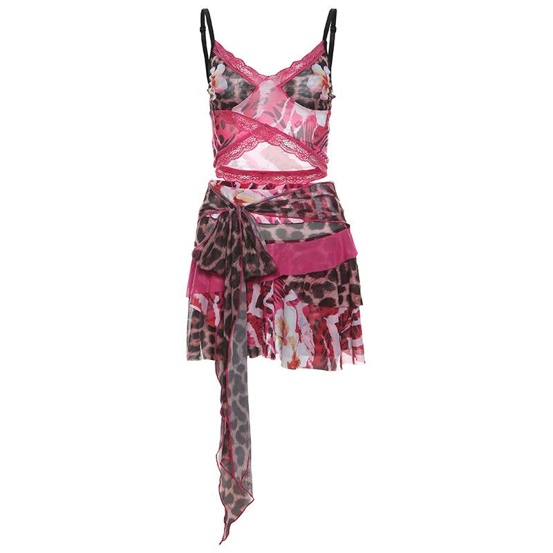 acelimosf™-V neck lace hem mesh print ruched knotted cami skirt set