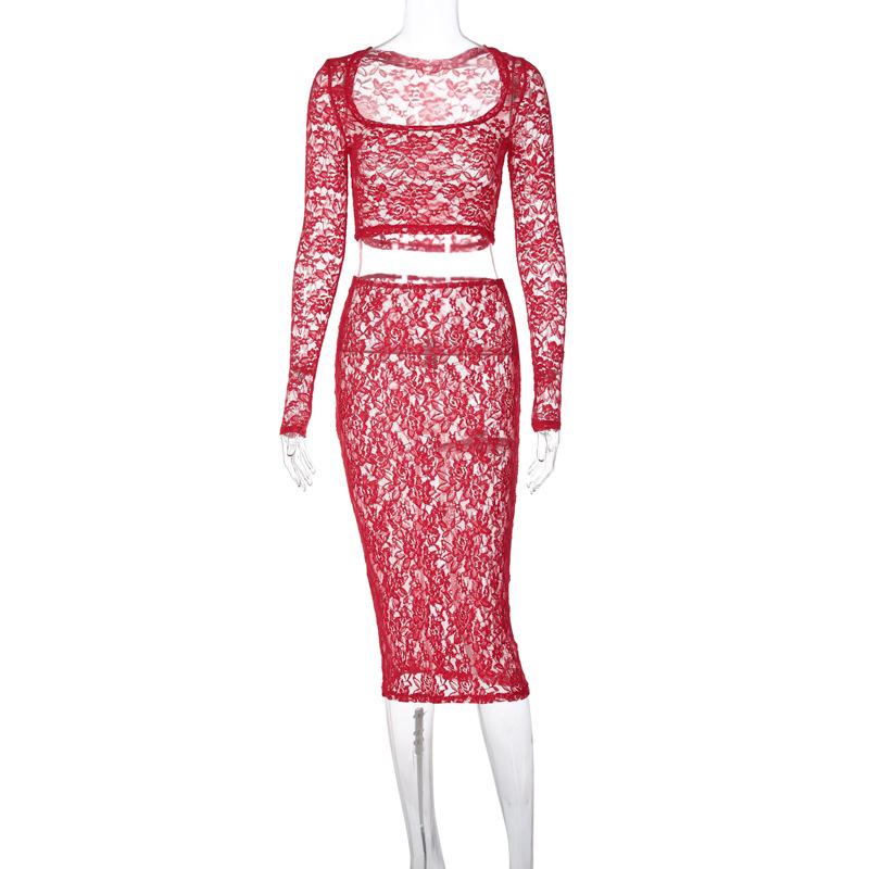 acelimosf™-Long sleeve lace see through solid midi skirt set