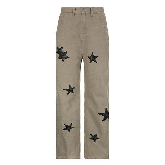 acelimosf™-Contrast star pattern zip-up button straight leg grunge 90s Streetwear Disheveled Chic Fashion grunge 90s Streetwear Distressed Fashion