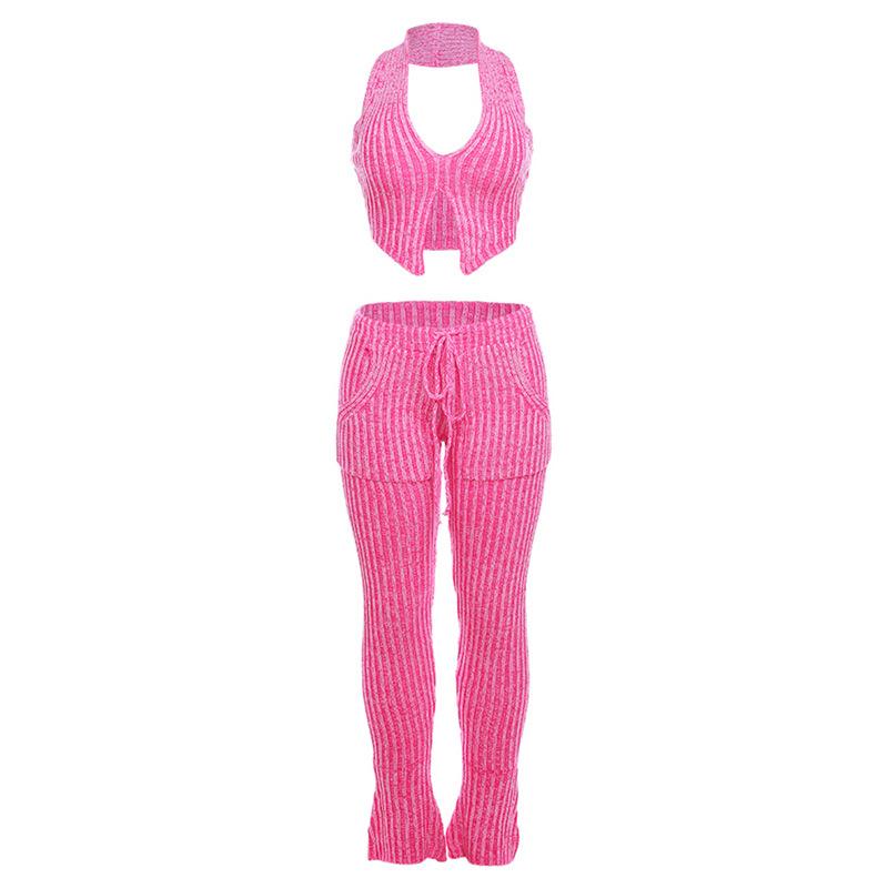 acelimosf™-Textured striped contrast halter slit pocket v neck pant set