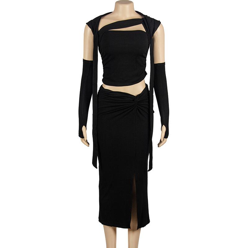 acelimosf™-Irregular ruched gloves hoodie slit midi skirt set