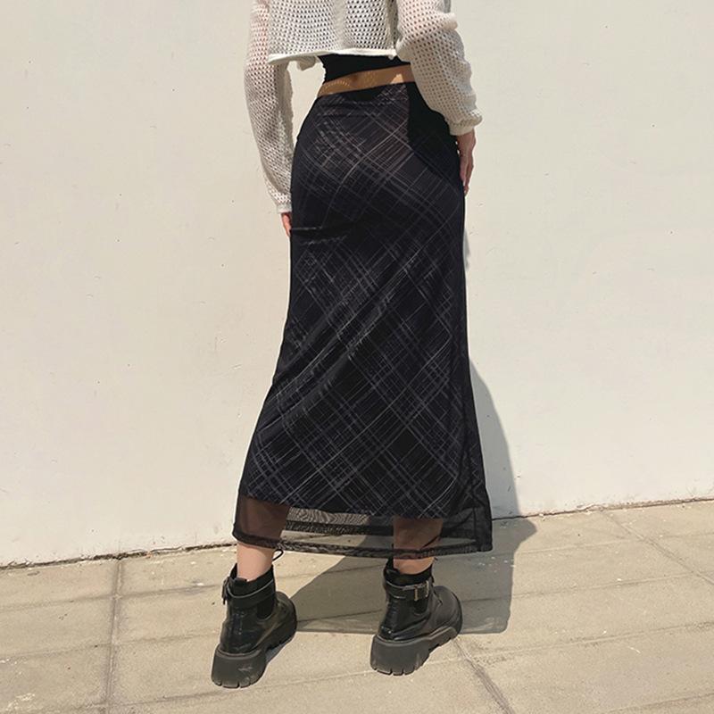 acelimosf™-Mesh plaid contrast high rise midi skirt grunge 90s Streetwear Disheveled Chic Fashion grunge 90s Streetwear Distressed Fashion