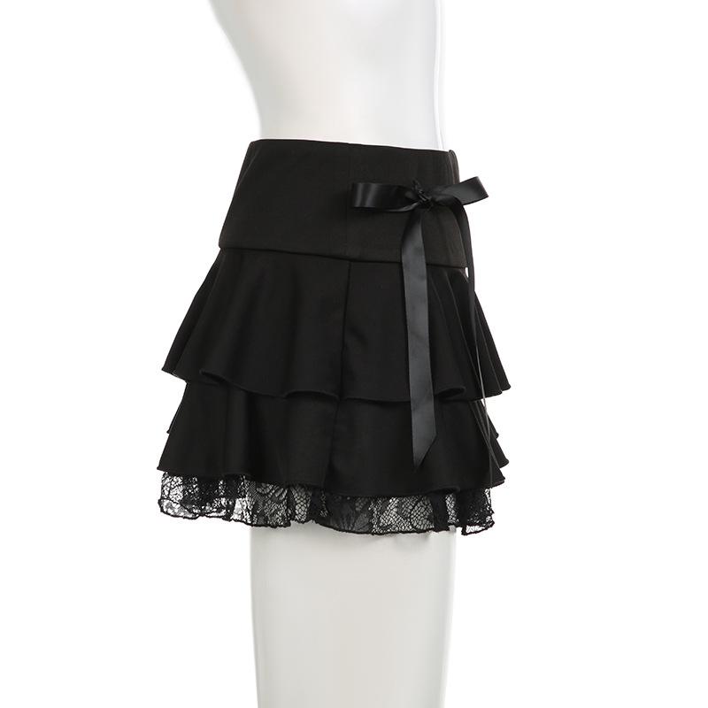 acelimosf™-Bowknot solid ruffle lace hem low rise mini skirt