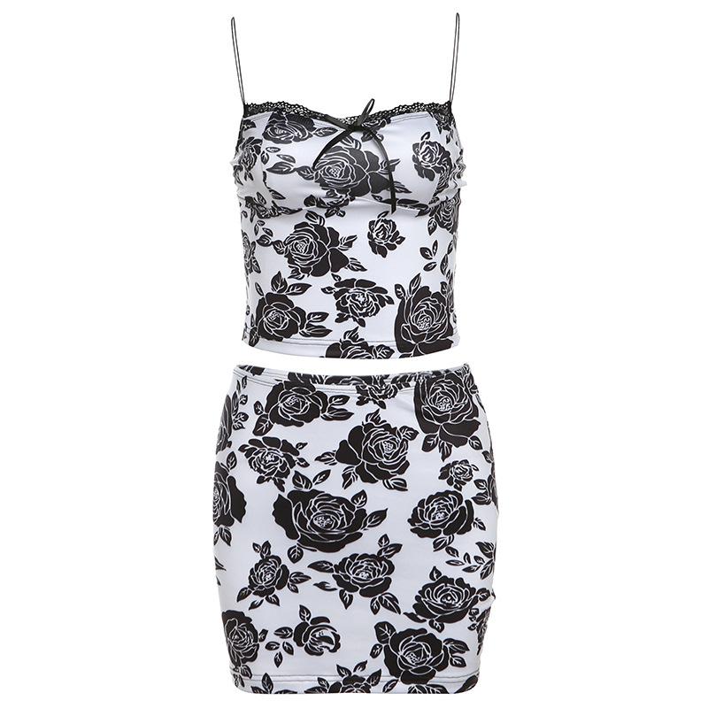 acelimosf™-Bowknot rose print lace hem mini skirt set