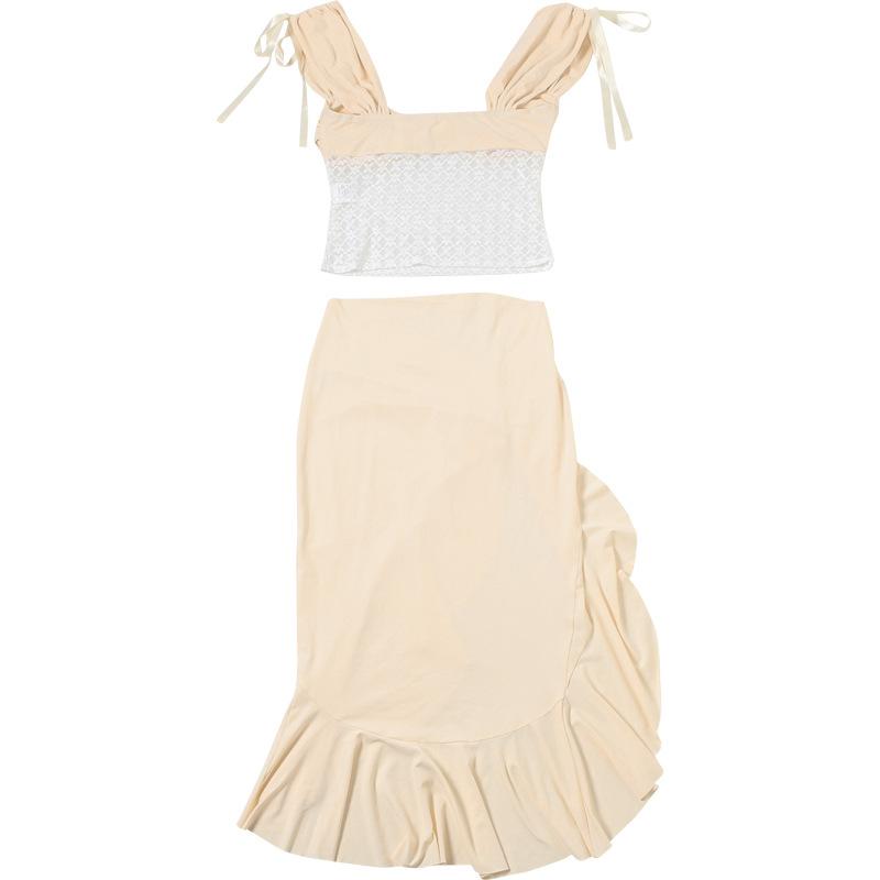 acelimosf™-Ruffle ruched high slit hollow out ribbon midi skirt set