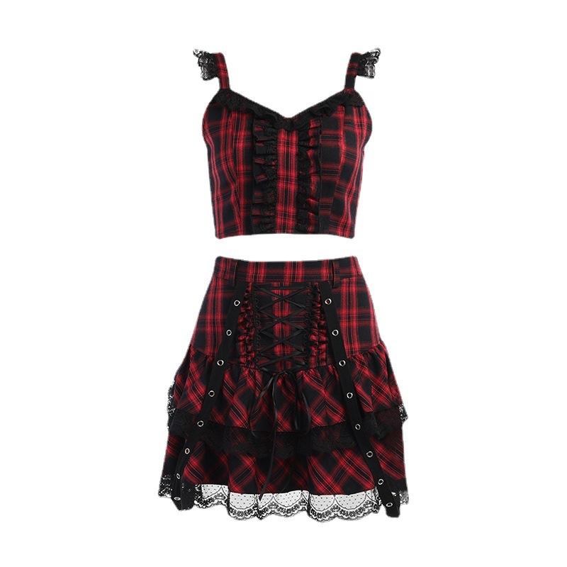 acelimosf™-Lace hem ruffle lace up plaid smocked backless mini skirt set