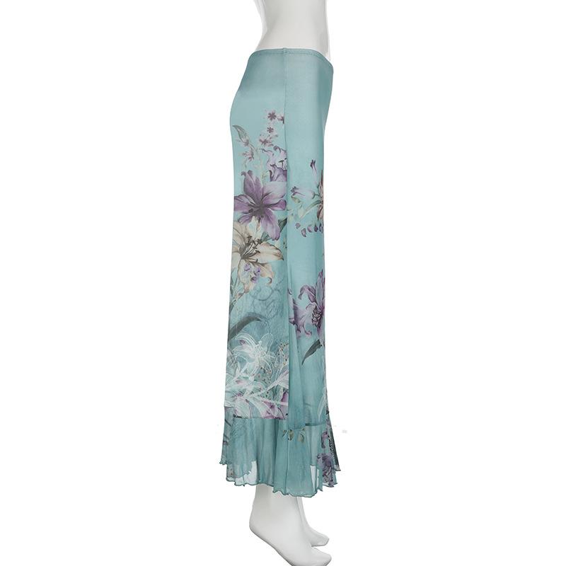 acelimosf™-Ruched ruffle cowl neck  flower print mesh maxi skirt set