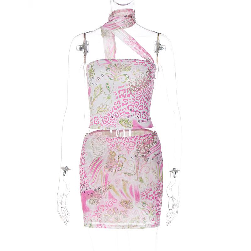 acelimosf™-Halter contrast leopard print ribbon mini skirt set fairycore Ethereal Fashion