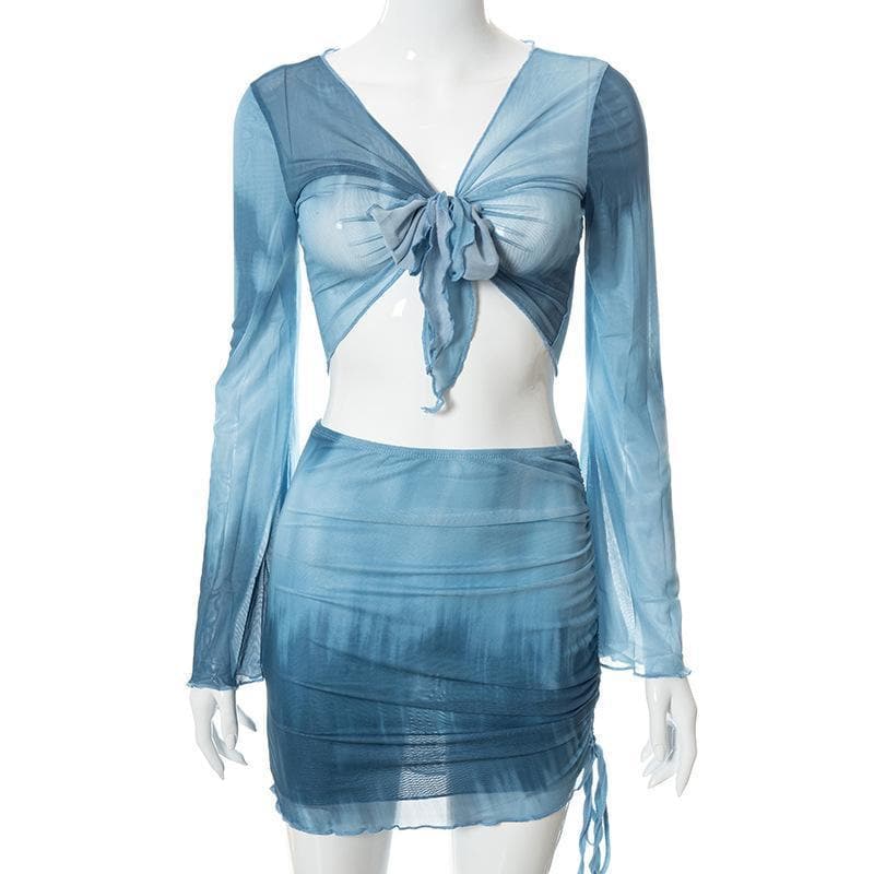 acelimosf™-Flared sleeve mesh see through skirt set y2k 90s Revival Techno Fashion