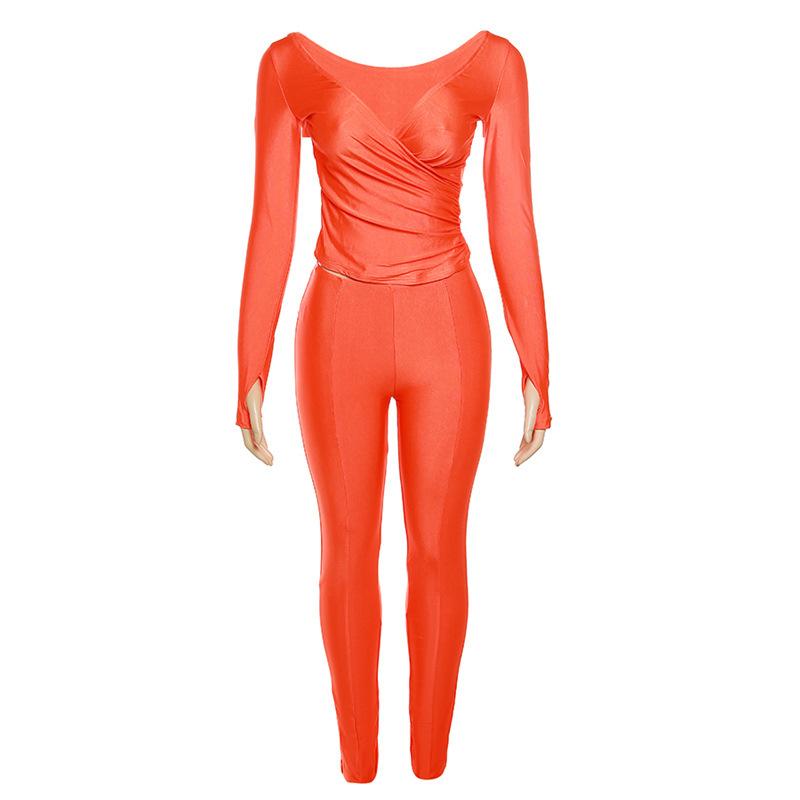 acelimosf™-Gloves solid v neck long sleeve ruched pant set