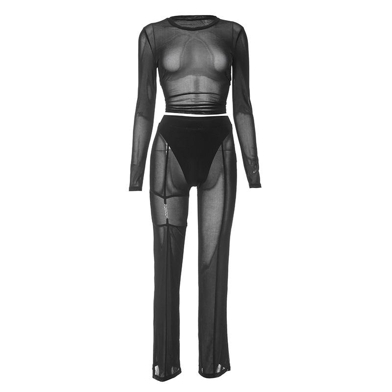 acelimosf™-Mesh see through hollow out long sleeve solid pant set