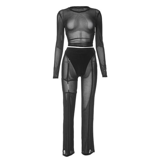 acelimosf™-Mesh see through hollow out long sleeve solid pant set