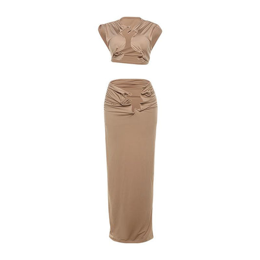 acelimosf™-Sleeveless hollow out ruched slit solid maxi skirt set