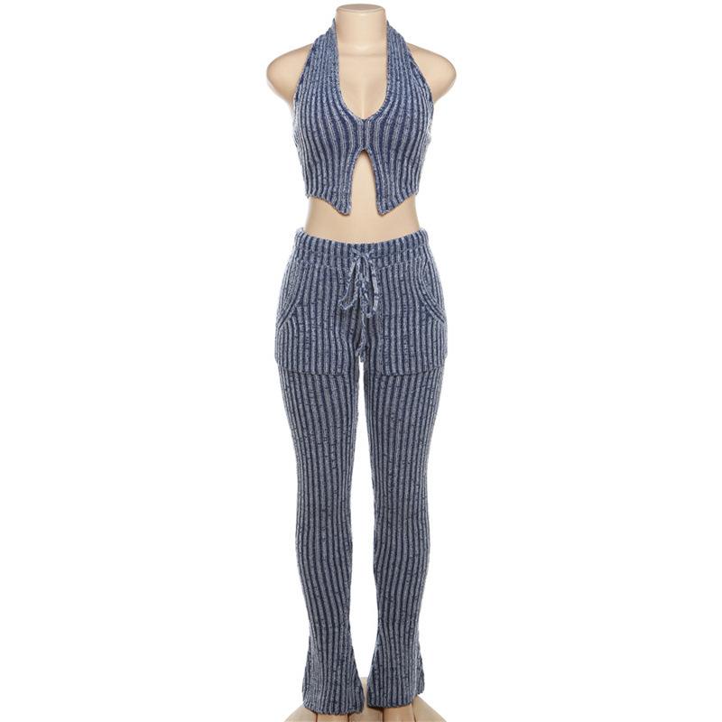 acelimosf™-Textured striped contrast halter slit pocket v neck pant set