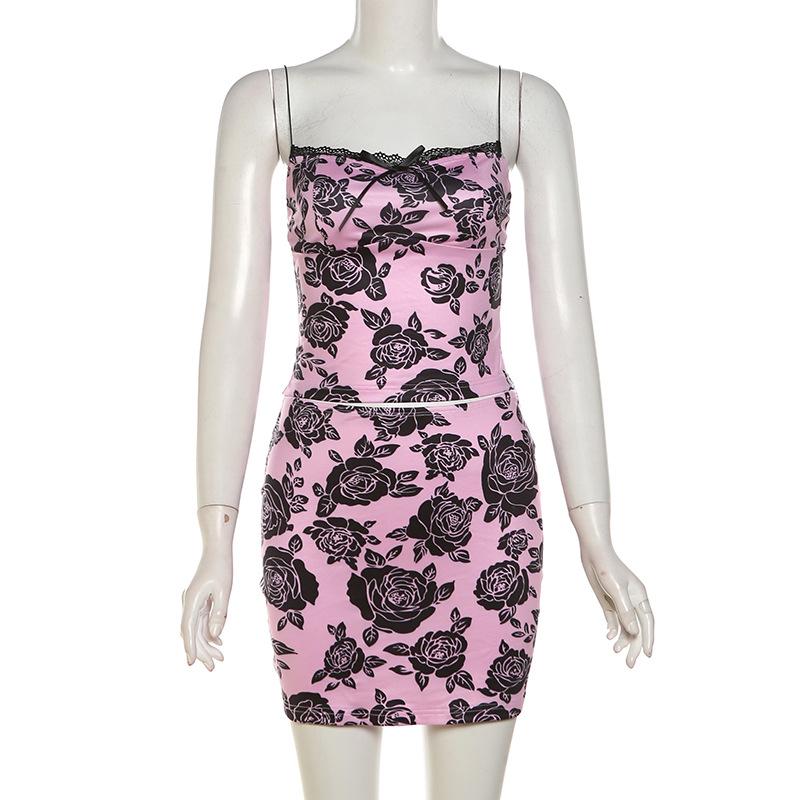 acelimosf™-Bowknot rose print lace hem mini skirt set